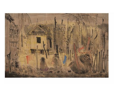 CHEONG SOO PIENG (SINGAPOREAN, 1917-1983) - VILLAGE SCENE
Ink on and colour paper; signed and dated '"Soo Pieng '61" and insc