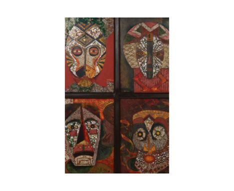 NGUYEN VAN BANG (VIETNAMESE, B. 1958) - 'MASKS' 2012 Lacquer on wood, each panel signed Each inset panel 39cm high x 28cm wid