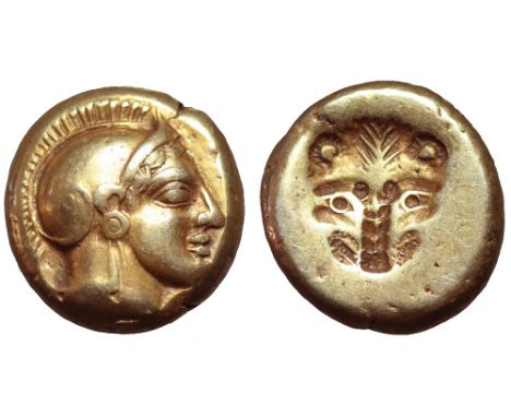 Lesbos, Mytilene EL Hekte. Circa 478-455 BC. Head of Athena wearing crested Attic helmet to right / Incuse lion's head facing