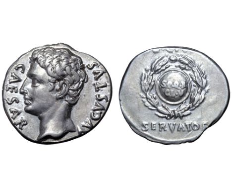 Augustus AR Denarius. Spanish mint (Colonia Patricia?), circa 19 BC. CAESAR AVGVSTVS, bare head left / OB CIVIS SERVATOS abov