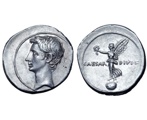 Octavian AR Denarius. Italian mint (Rome?), autumn 31 - summer 30 BC. Bare head left / Victory standing left on globe, holdin