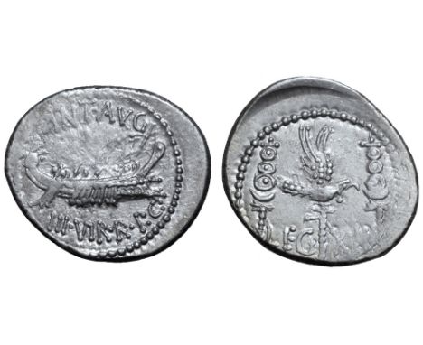 Marc Antony Legionary AR Denarius. Military mint moving with Antony, autumn 32 - spring 31 BC. ANT•AVG III•VIR•R•P•C, praetor