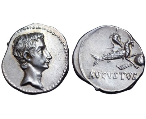 Augustus AR Denarius. Spanish mint (Colonia Patricia?), July 18-17/16 BC. Bare head right / Capricorn right, holding globe at