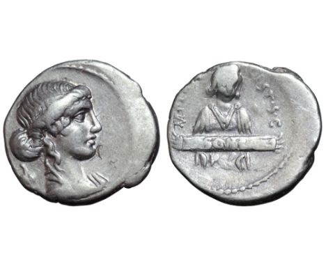 M. Plaetorius M. f. Cestianus AR Denarius. Rome, 69 BC. Draped bust of Fortuna right, control symbol behind / Half-length bus