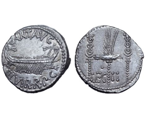 Marc Antony Legionary AR Denarius. Military mint moving with Antony, autumn 32 - spring 31 BC. ANT•AVG III•VIR•R•P•C, praetor