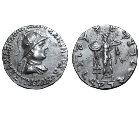 Indo-Greek Kingdom, Strato I Soter AR Tetradrachm. Circa 105-85/0 BC. BAΣIΛEΩΣ EΠIΦANOYΣ ΣΩTHPOΣ ΣTPATΩNOΣ, helmeted, draped 