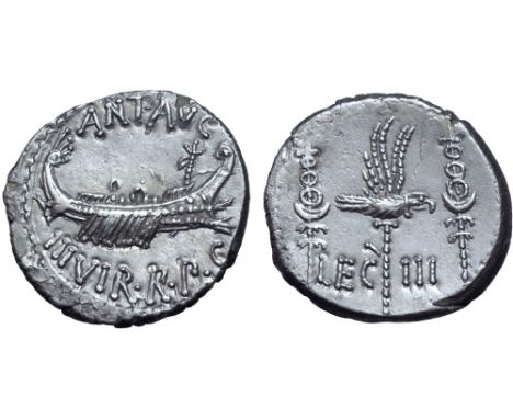 Marc Antony Legionary AR Denarius. Military mint moving with Antony, autumn 32 - spring 31 BC. ANT•AVG III•VIR•R•P•C, praetor