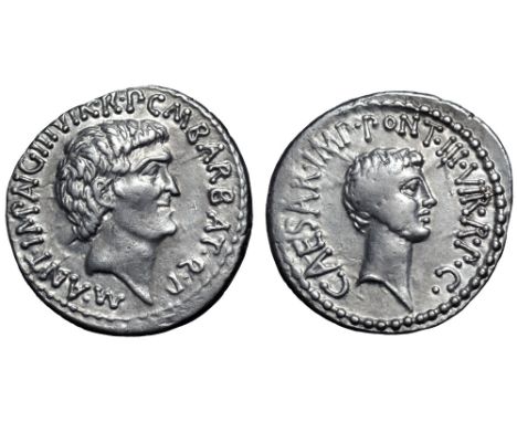 Marc Antony and Octavian AR Denarius. Military mint moving with Antony (Ephesus?), 41 BC. M. Barbatius Pollio, quaestor pro p