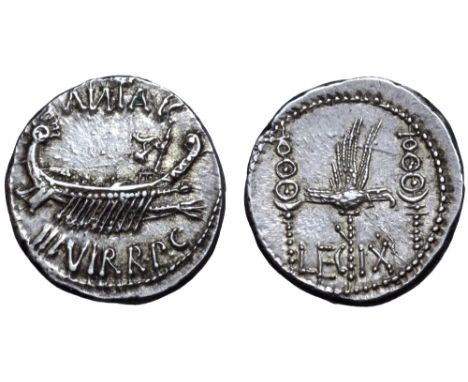 Marc Antony Legionary AR Denarius. Military mint moving with Antony, autumn 32 - spring 31 BC. ANT•AVG III•VIR•R•P•C (N retro
