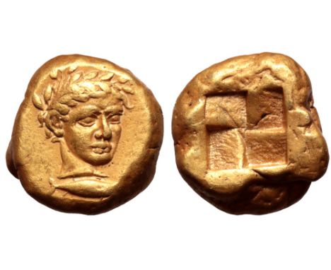 Mysia, Kyzikos EL Stater. Circa 450-330 BC. Laureate head of Apollo, facing slightly to right; tunny fish below to right / Qu