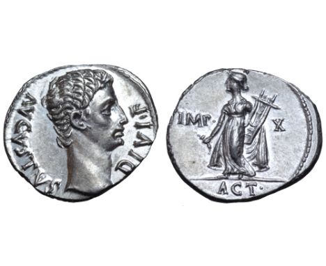 Augustus AR Denarius. Lugdunum, 15-13 BC. AVGVSTVS DIVI•F, bare head right / Apollo Citharoedus of Actium, standing left, hol