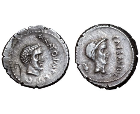 Marc Antony and Julius Caesar AR Denarius. Military mint travelling with Marc Antony in Cisalpine Gaul, autumn 43 BC. Bearded