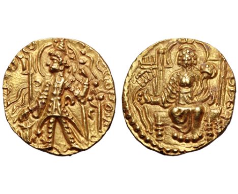 Kushan Empire, Vasudeva II AV Dinar. Mathura/Gandhara, 24th emission, circa AD 267-300. Vasudeva standing left, sacrificing o