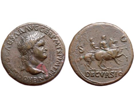 Nero Æ Sestertius. Lugdunum, circa AD 65. NERO CLAVD CAESAR AVG GER P M TR P IMP P P, laureate head right, globe at point of 