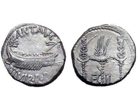 Marc Antony Legionary AR Denarius. Military mint moving with Antony, autumn 32 - spring 31 BC. ANT•AVG III•VIR•R•P•C, praetor