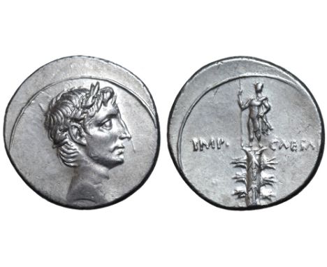 Octavian AR Denarius. Italian mint (Rome?), autumn 30 - summer 29 BC. Laureate head right / Rostral column ornamented with tw