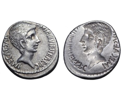 Octavian AR Brockage Denarius. Southern or central Italian mint, summer 37 BC. Bare head right, with slight beard; IMP•CAESAR