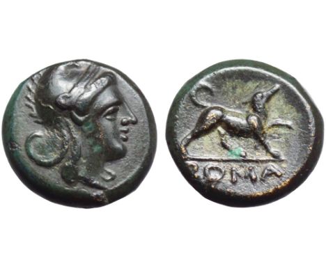 Anonymous Æ Semilitra. Rome, circa 234-231 BC. Head of Roma right, wearing Phrygian helmet / Dog standing right; ROMA in exer