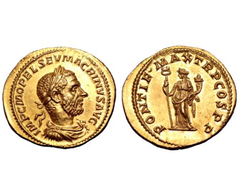 Macrinus AV Aureus. Rome, AD 217. IMP C M OPEL SEV MACRINVS AVG, laureate, draped and cuirassed bust right / PONTIF MAX TR P 