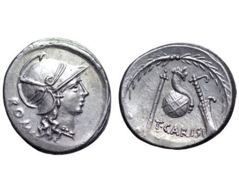 T. Carisius AR Denarius. Rome, 46 BC. Head of Roma right, wearing ornate crested helmet; ROMA downwards behind / Sceptre, cor