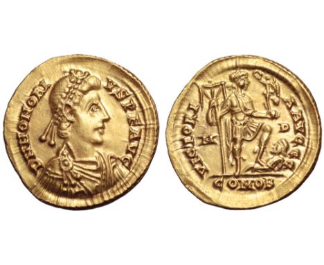 Honorius AV Solidus. Mediolanum, AD 394-395. D N HONORIVS P F AVG, pearl-diademed, draped and cuirassed bust right / VICTORIA