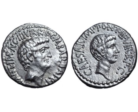 Marc Antony and Octavian AR Denarius. Military mint moving with Antony (Ephesus?), 41 BC. M. Barbatius Pollio, quaestor pro p