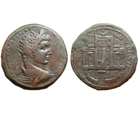 Caracalla Æ31 of the Koinon of Cyprus, Cyprus. AD 198-217. M ΑΝΤΩΝΙΝΟC ΑΥΓΟΥCΤΟΥC, radiate, laureate, draped and cuirassed bu