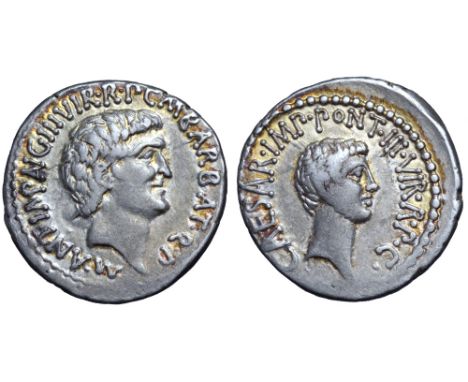 Marc Antony and Octavian AR Denarius. Military mint moving with Antony (Ephesus?), 41 BC. M. Barbatius Pollio, quaestor pro p