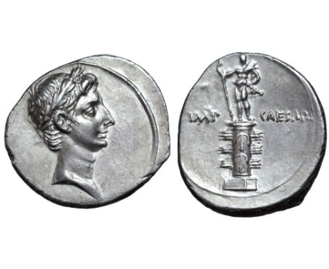 Octavian AR Denarius. Italian mint (Rome?), autumn 30 - summer 29 BC. Laureate head right / Rostral column ornamented with tw