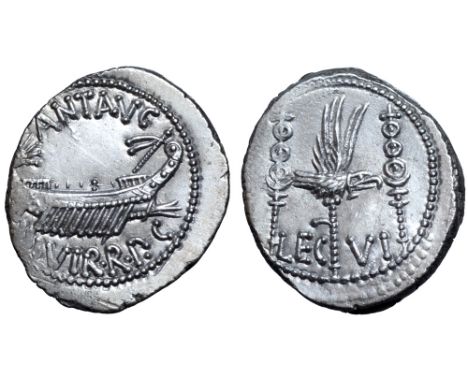Marc Antony Legionary AR Denarius. Military mint moving with Antony, autumn 32 - spring 31 BC. ANT•AVG III•VIR•R•P•C, praetor