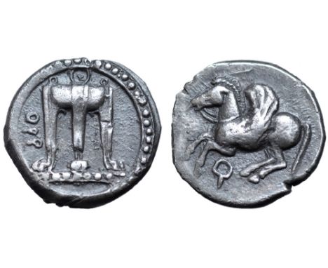 Bruttium, Kroton AR Triobol. Circa 430-420 BC. Tripod, legs terminating in lion's paws; QPO (retrograde) to left / Pegasos fl