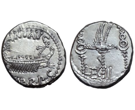 Marc Antony Legionary AR Denarius. Military mint moving with Antony, autumn 32 - spring 31 BC. ANT•AVG III•VIR•R•P•C, praetor