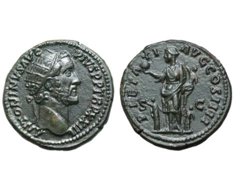 Antoninus Pius Æ Dupondius. Rome, AD 159-160. ANTONINVS AVG PIVS P P TR P XXIII, radiate head right / PIETATI AVG COS IIII, P