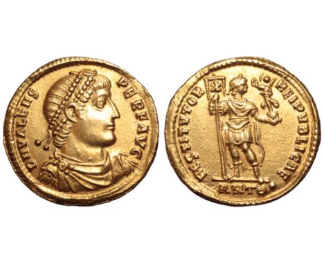 Valens AV Solidus. Antioch, late AD 366-367. D N VALENS PERF AVG, pearl-diademed, draped and cuirassed bust right / RESTITVTO