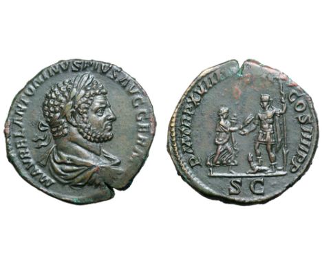 Caracalla Æ Sestertius. Rome, AD 215. M AVREL ANTONINVS PIVS AVG GERM, laureate, draped and cuirassed bust right / P M TR P X