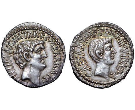Marc Antony and Octavian AR Denarius. Military mint moving with Antony (Ephesus?), 41 BC. M. Barbatius Pollio, quaestor pro p