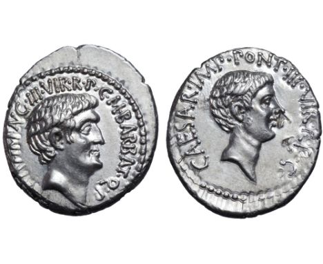 Marc Antony and Octavian AR Denarius. Military mint moving with Antony (Ephesus?), 41 BC. M. Barbatius Pollio, quaestor pro p