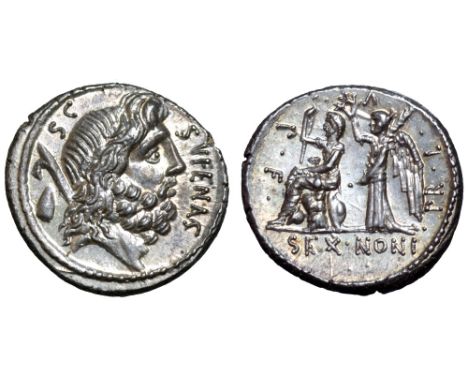 M. Nonius Sufenas AR Denarius. Rome, 59 BC. Bearded head of Saturn right; baetyl, harpa and S•C upwards behind, SVFENAS downw
