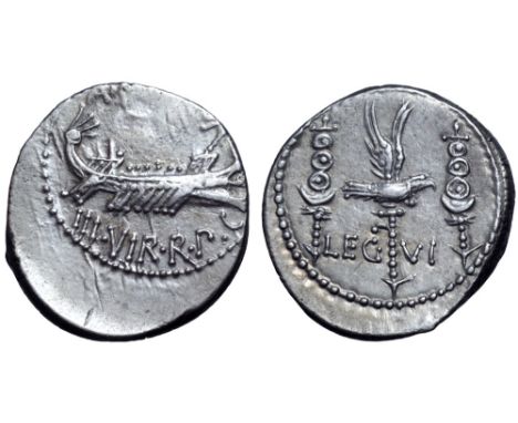Marc Antony Legionary AR Denarius. Military mint moving with Antony, autumn 32 - spring 31 BC. ANT•AVG III•VIR•R•P•C, praetor