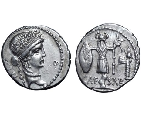 Julius Caesar AR Denarius. Military mint travelling with Caesar, 48-47 BC. Diademed female head right, wearing oak-wreath, cr