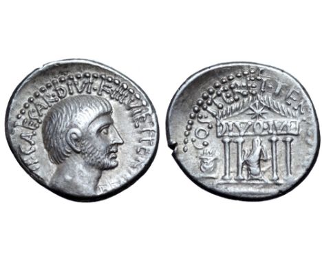 Octavian AR Denarius. Southern or central Italian mint, spring - early summer 36 BC. Bare head right, with beard; IMP•CAESAR•