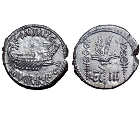 Marc Antony Legionary AR Denarius. Military mint moving with Antony, autumn 32 - spring 31 BC. ANT•AVG III•VIR•R•P•C, praetor