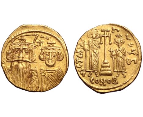 Constans II, with Constantine IV, Heraclius, and Tiberius AV Solidus. Constantinople, AD 661-663. DN C AN (sic), crowned and 