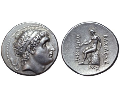 Seleukid Empire, Antiochos I Soter AR Tetradrachm. Smyrna, circa 281-261 BC. Diademed head right / Apollo Delphios seated lef