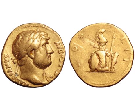 Hadrian AV Aureus. Rome, AD 125-128. HADRIANVS AVGVSTVS, laureate bust right, slight drapery on far shoulder / COS III, colum