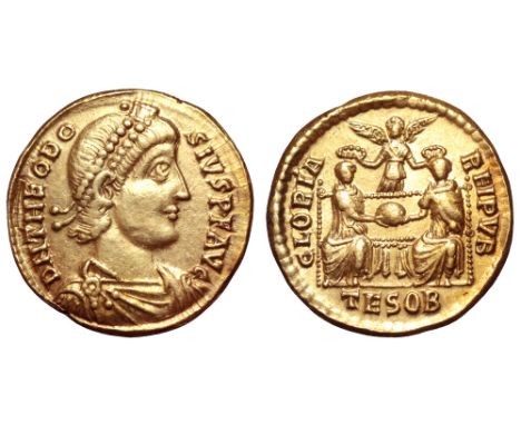 Theodosius I AV Solidus. Thessalonica, AD 379. D N THEODOSIVS P F AVG, pearl-diademed, draped and cuirassed bust right / GLOR