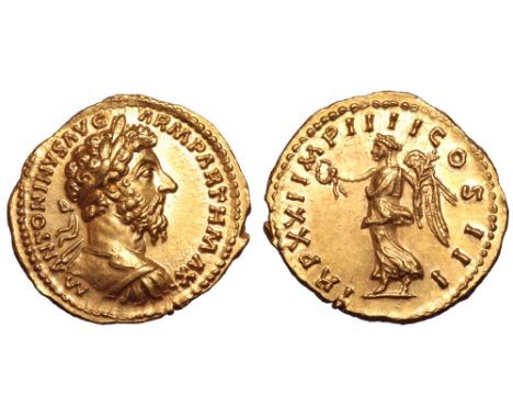 Marcus Aurelius AV Aureus. Rome, December AD 166-167. M ANTONINVS AVG ARM PARTH MAX, laureate, draped and cuirassed bust righ