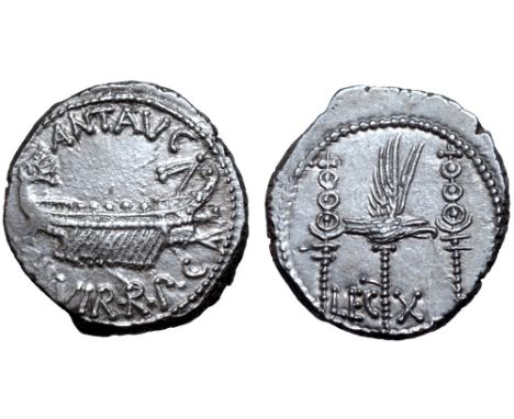 Marc Antony Legionary AR Denarius. Military mint moving with Antony, autumn 32 - spring 31 BC. ANT•AVG III•VIR•R•P•C, praetor