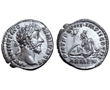 Marcus Aurelius AR Denarius. Rome, AD 164. ANTONINVS AVG ARMENIACVS, laureate head right / P M TR P XVIII IMP II COS III, Arm