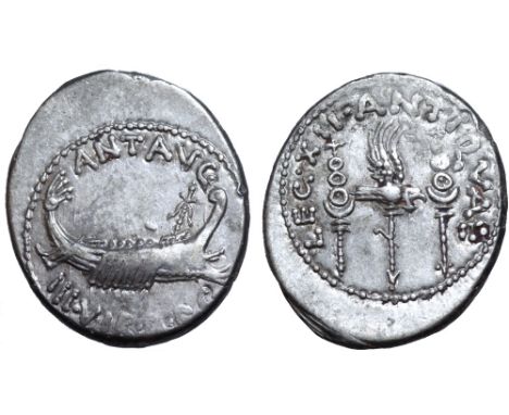 Marc Antony Legionary AR Denarius. Military mint moving with Antony, autumn 32 - spring 31 BC. ANT•AVG III•VIR•R•P•C, praetor